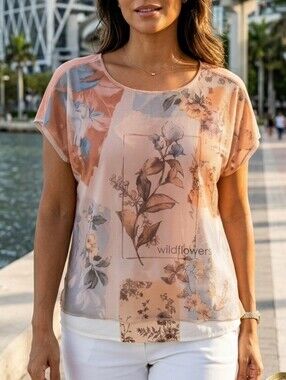 Punt Roma Spanish Floral Blouse Shimmering Wildflowers Graphic Layered  Size L